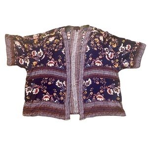 Navy Blue Floral Open Front Rayon Kimono-Inspired Cardigan (L)